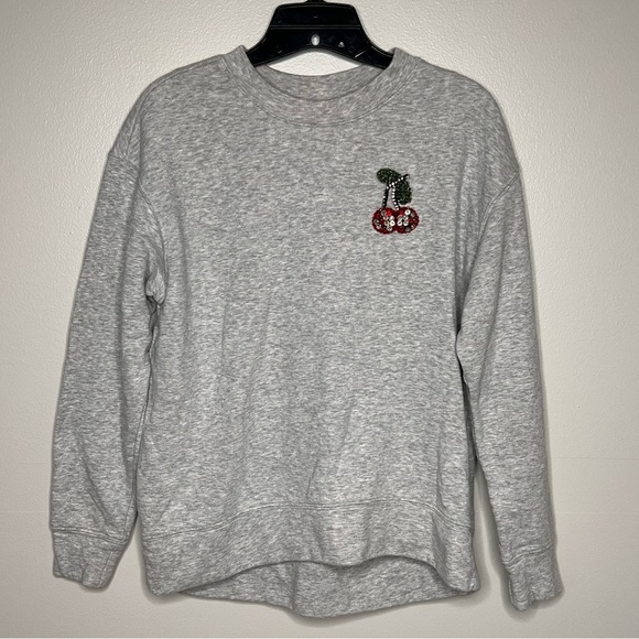 Women’s Gray Crew Neck Sweatshirt Embellished Cherry Appliqué Rhinestone Size Sm - Picture 2 of 9
